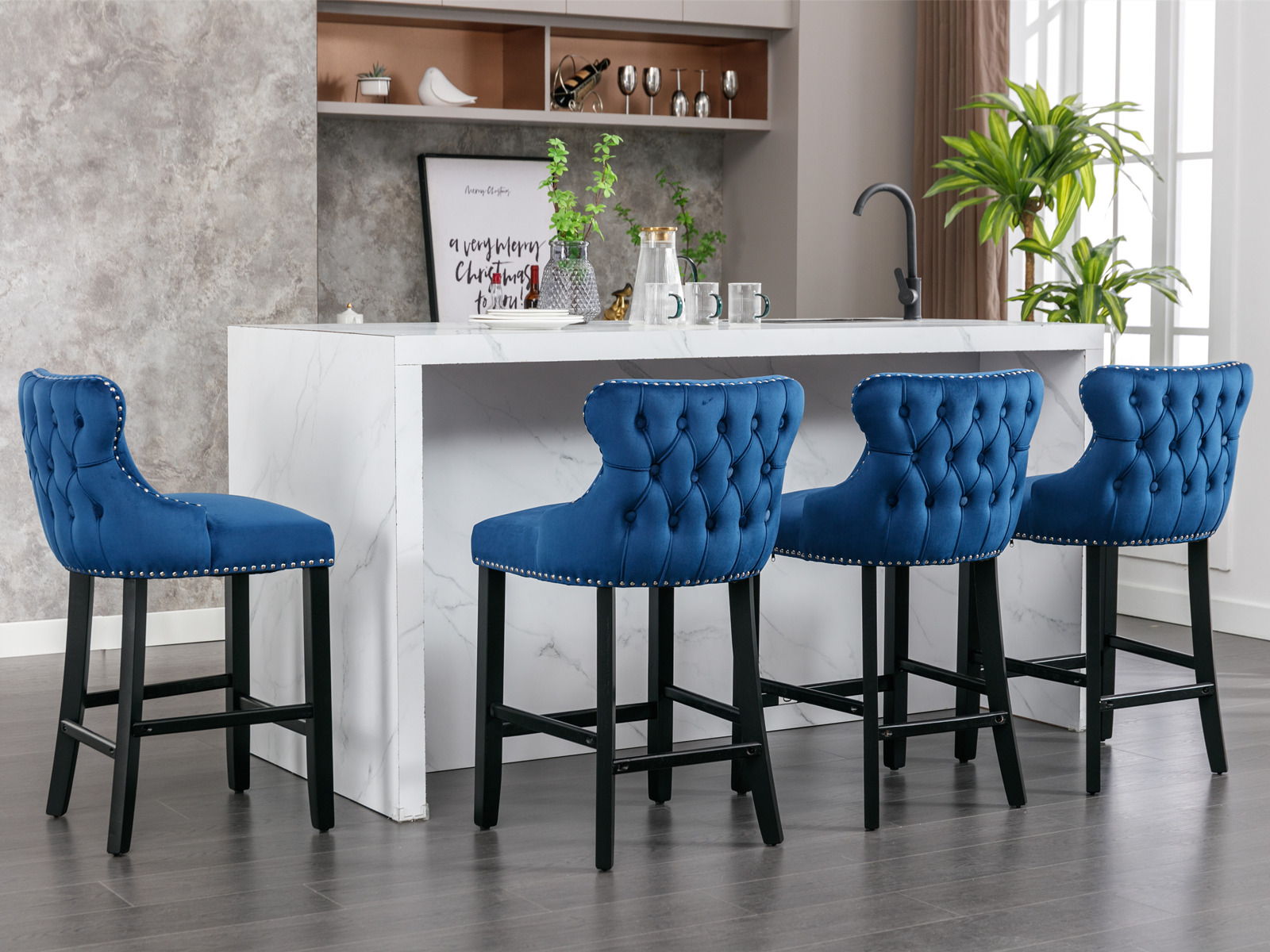 Contemporary Upholstered Wing-Back Barstools With Button Tufted Decoration And Wooden Legs, And Nailhead Trim, Leisure Style Bar Chairs, Bar Stools (Set of 2)