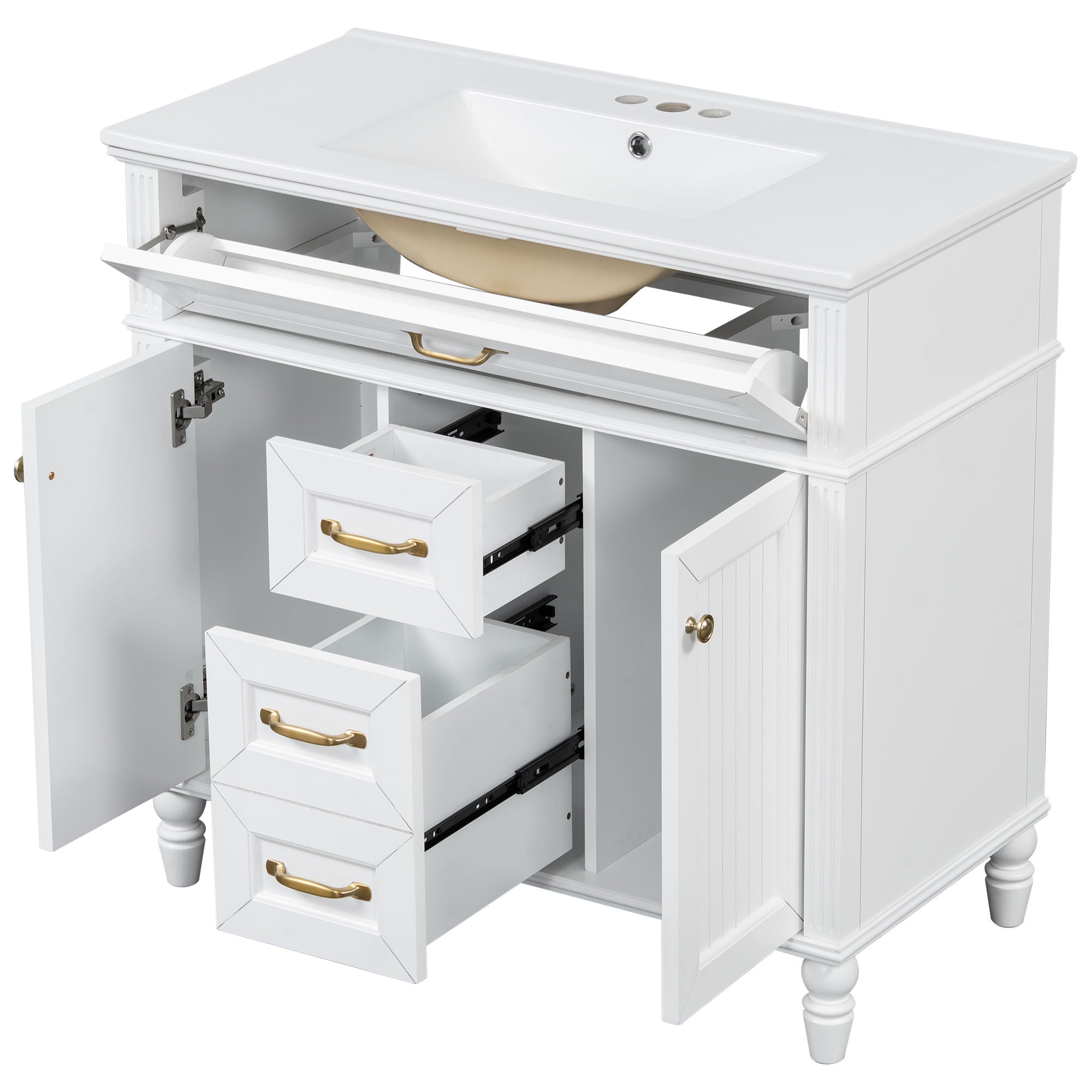 Bathroom Vanity With Sink, Flip-Out Top Drawer, Soft Close Doors, 2 Storage Drawers