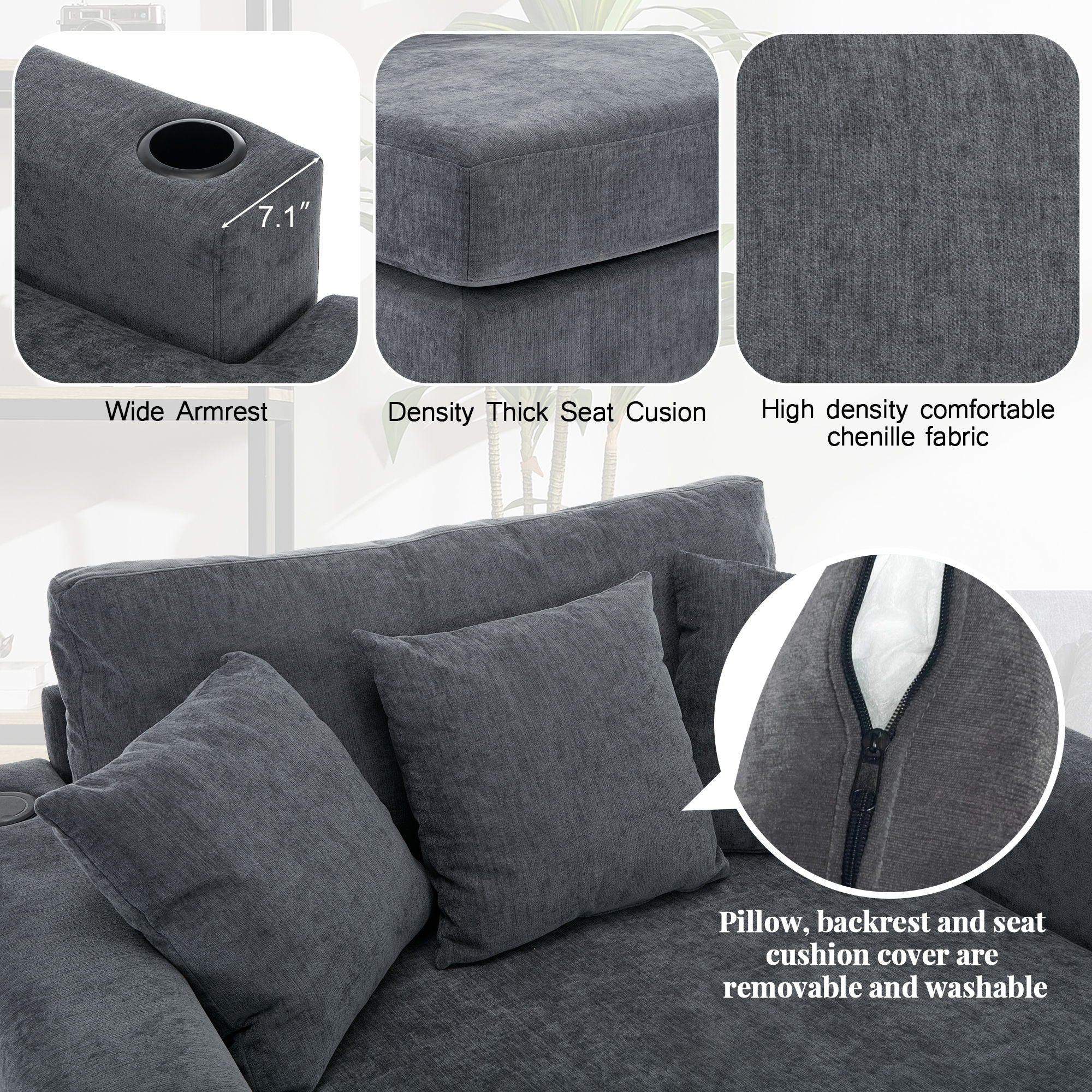Oversized Chaise Lounger Modern Style Sofa Couch With Pillows, Charge Station & Cup Holders