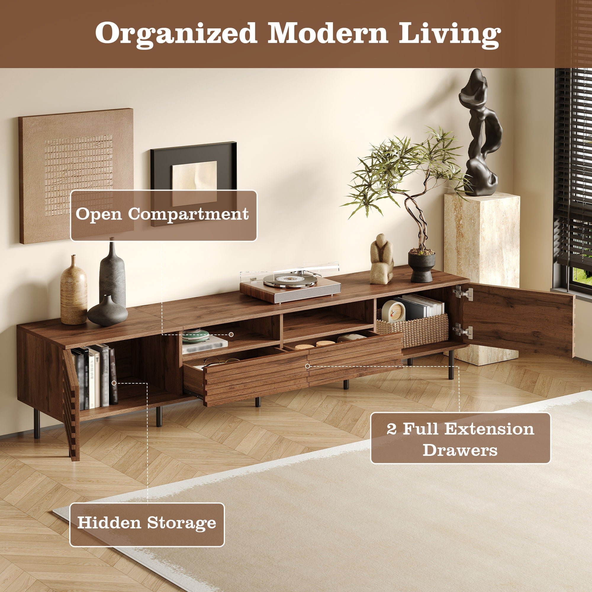 TV Stand For TVs Up To 85" With Closed Storage, Soft Closing Hinges - Walnut