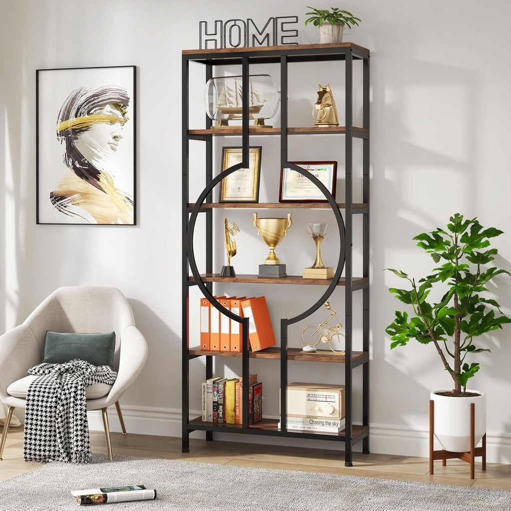 6 Tier Bookshelf For Living Room - Rustic Brown