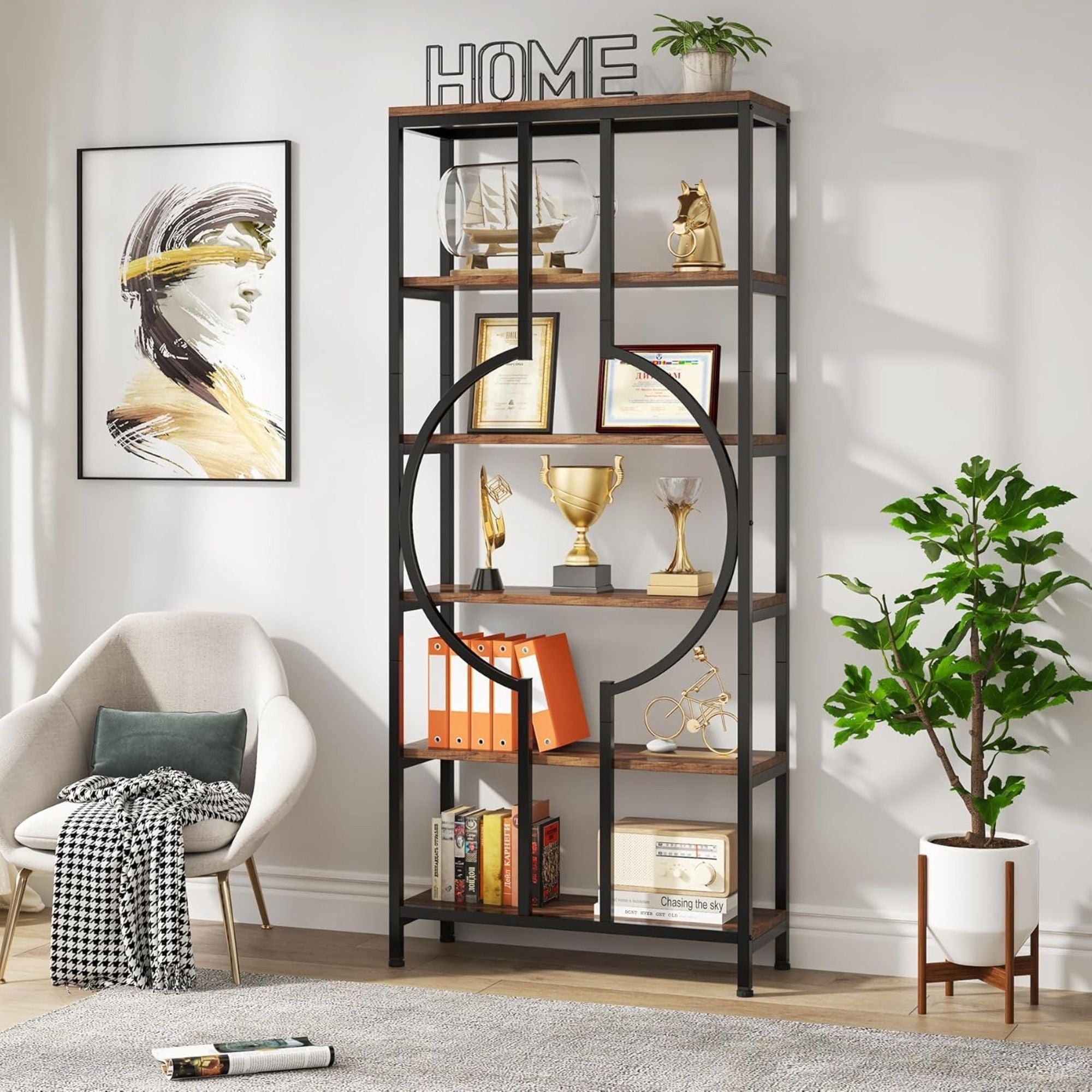 6 Tier Bookshelf For Living Room - Rustic Brown