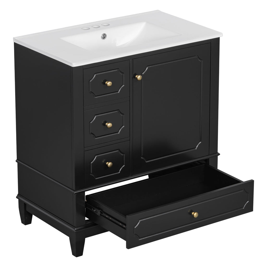 Bathroom Vanity With Sink, Freestanding Vanity Cabinet With Ceramic Basin, Soft Close Door, 3 Drawers