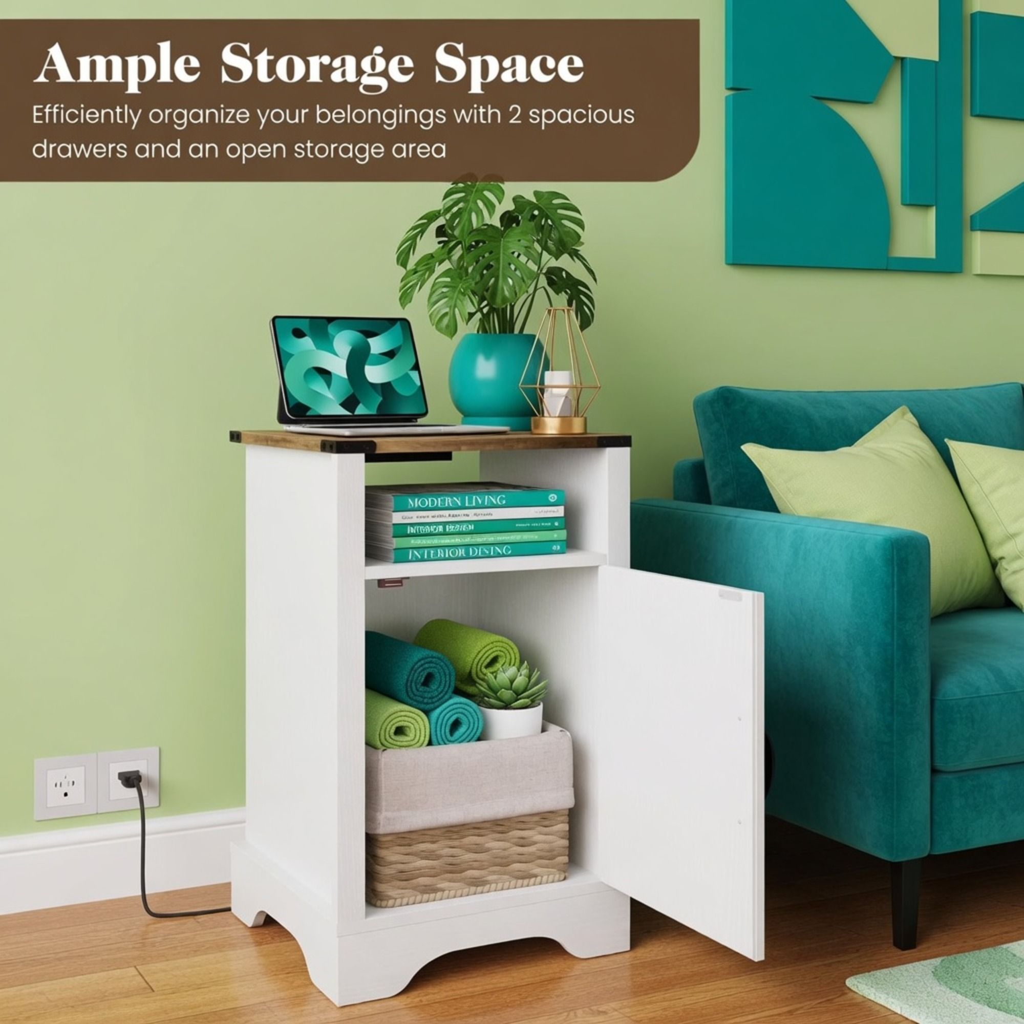 Farmhouse Nightstand With Charging Station & Storage
