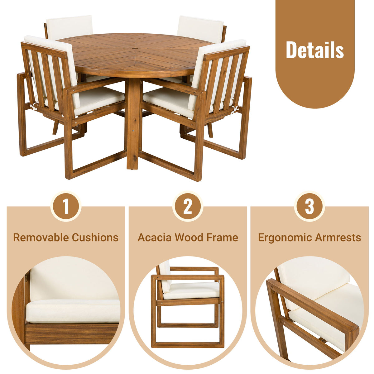 5 Piece Outdoor Patio Dining Set With 4 Armchairs And Table - Beige
