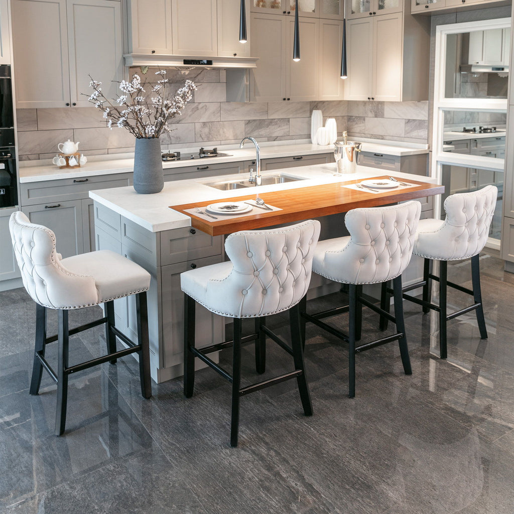 Contemporary Upholstered Wing-Back Barstools With Button Tufted Decoration And Wooden Legs, And Nailhead Trim, Leisure Style Bar Chairs, Bar Stools (Set of 2)