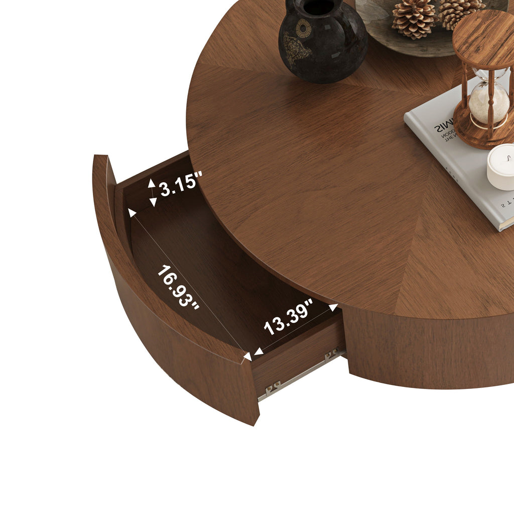 Drum Shaped Coffee Table With Hidden Storage Drawer, Low Profile For Living Room - Walnut