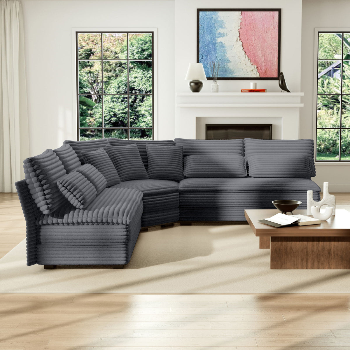 5 Seater L Shaped Sectional Sofa With Curved Corner, 7 Pillows