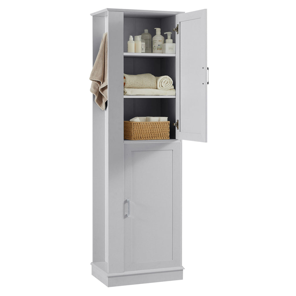 Tall Freestanding Bathroom Storage Cabinet With Adjustable Shelves And Side Hooks