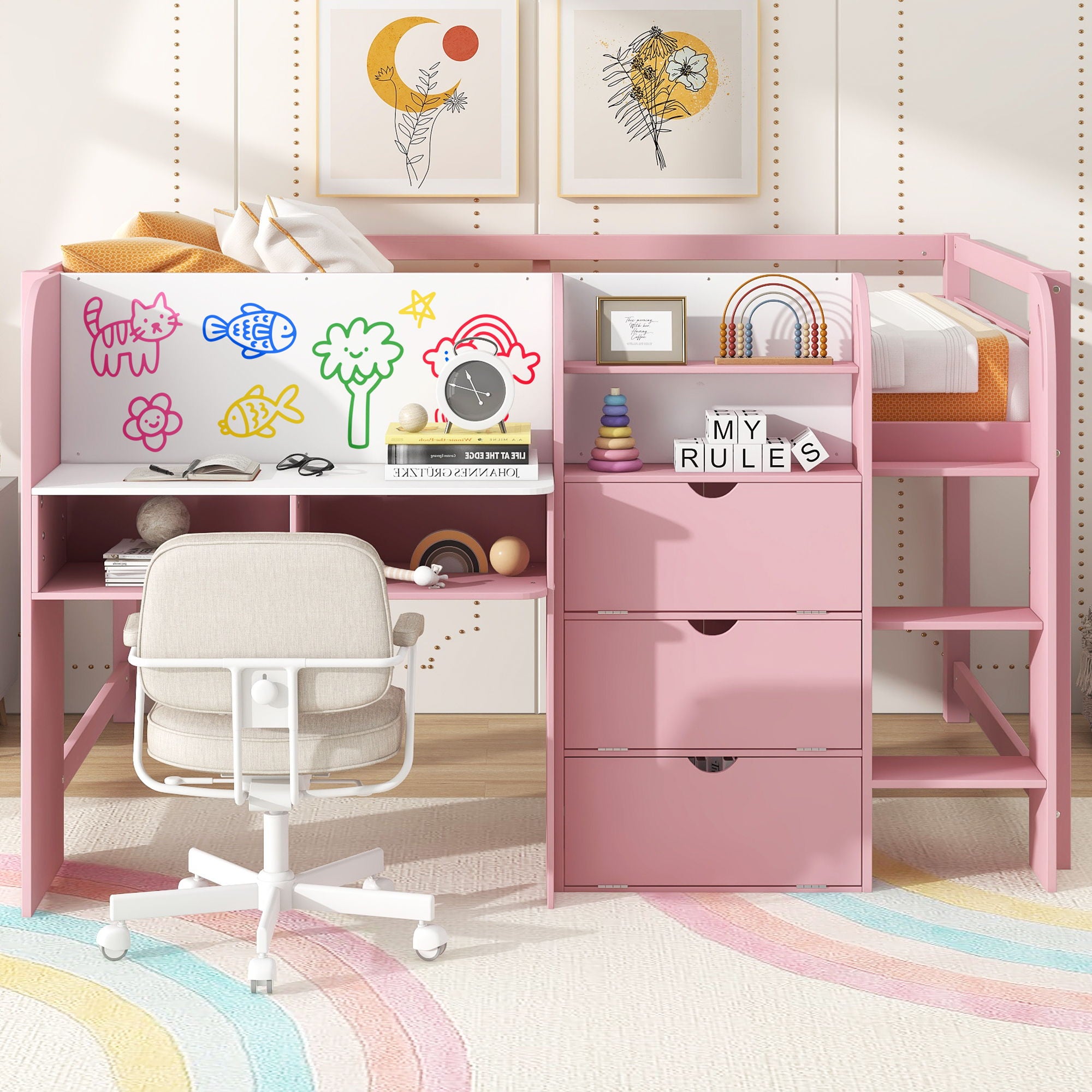 Low Loft Bed With Built In Desk, Storage Cabinets, Open Bookcase And Doodle board