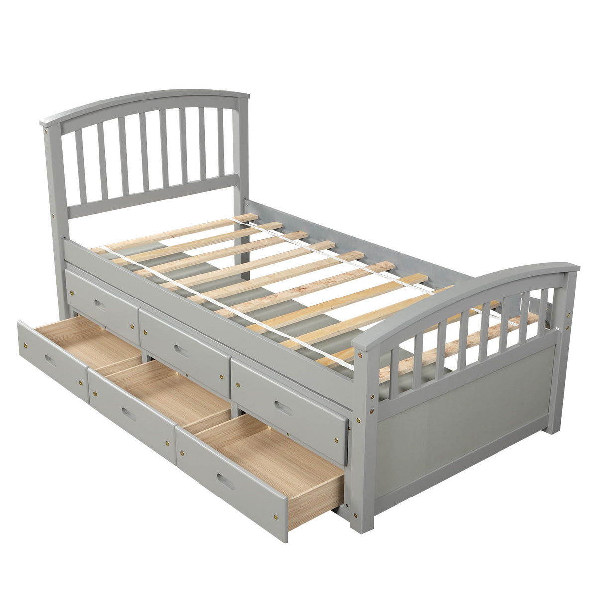 Twin Size Platform Storage Bed Solid Wood Bed With 6 Drawers - Gray