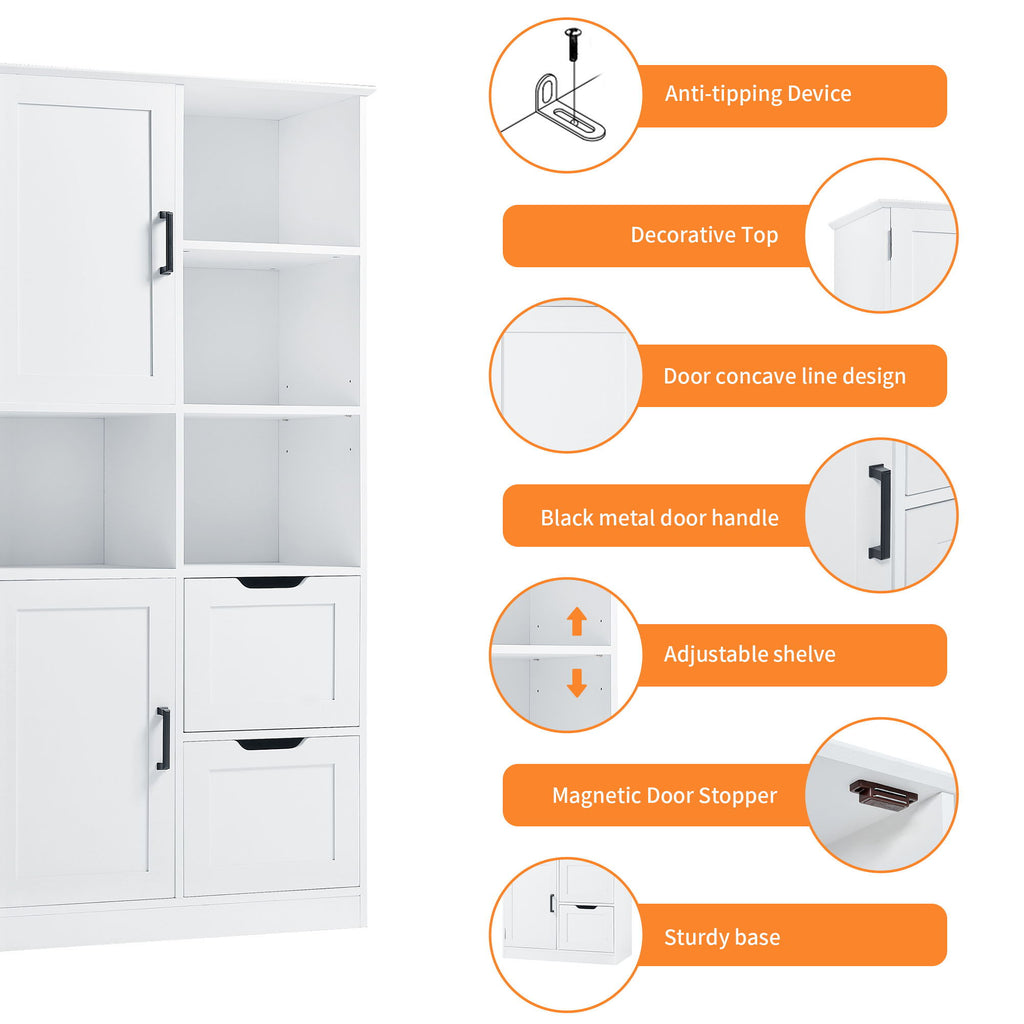 Freestanding Bathroom Storage Cabinet With Doors And Drawers, Adjustable Shelf, Open Shelves - White