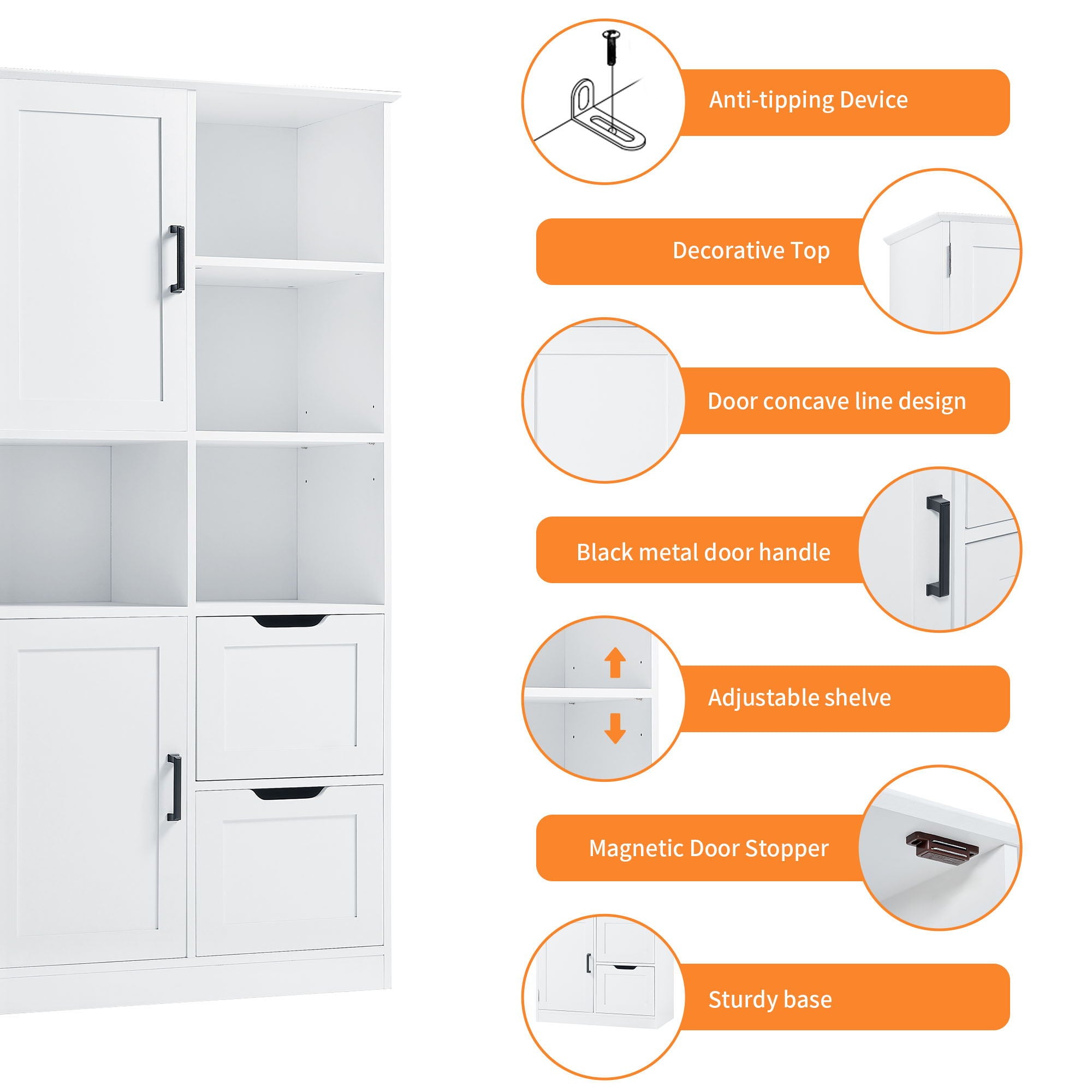 Freestanding Bathroom Storage Cabinet With Doors And Drawers, Adjustable Shelf, Open Shelves - White