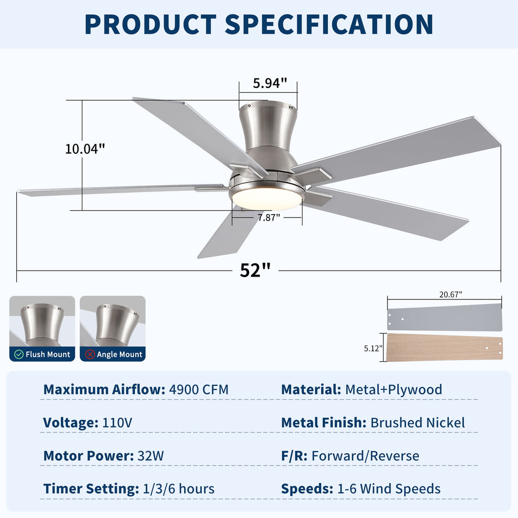 Low Profile Flush Mount Intergrated LED Ceiling Fan With Light And Reversible Quiet Motor