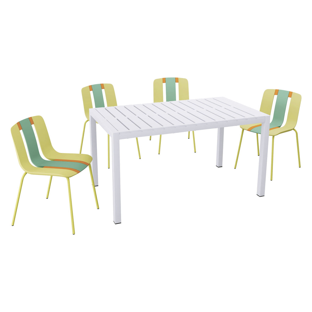 4 Piece Set Of Striped Color Blocking Single Chairs & Long Table - Grain Yellow / Haze Green / Tropical Orange / White