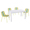 4 Piece Set Of Striped Color Blocking Single Chairs & Long Table - Grain Yellow / Haze Green / Tropical Orange / White