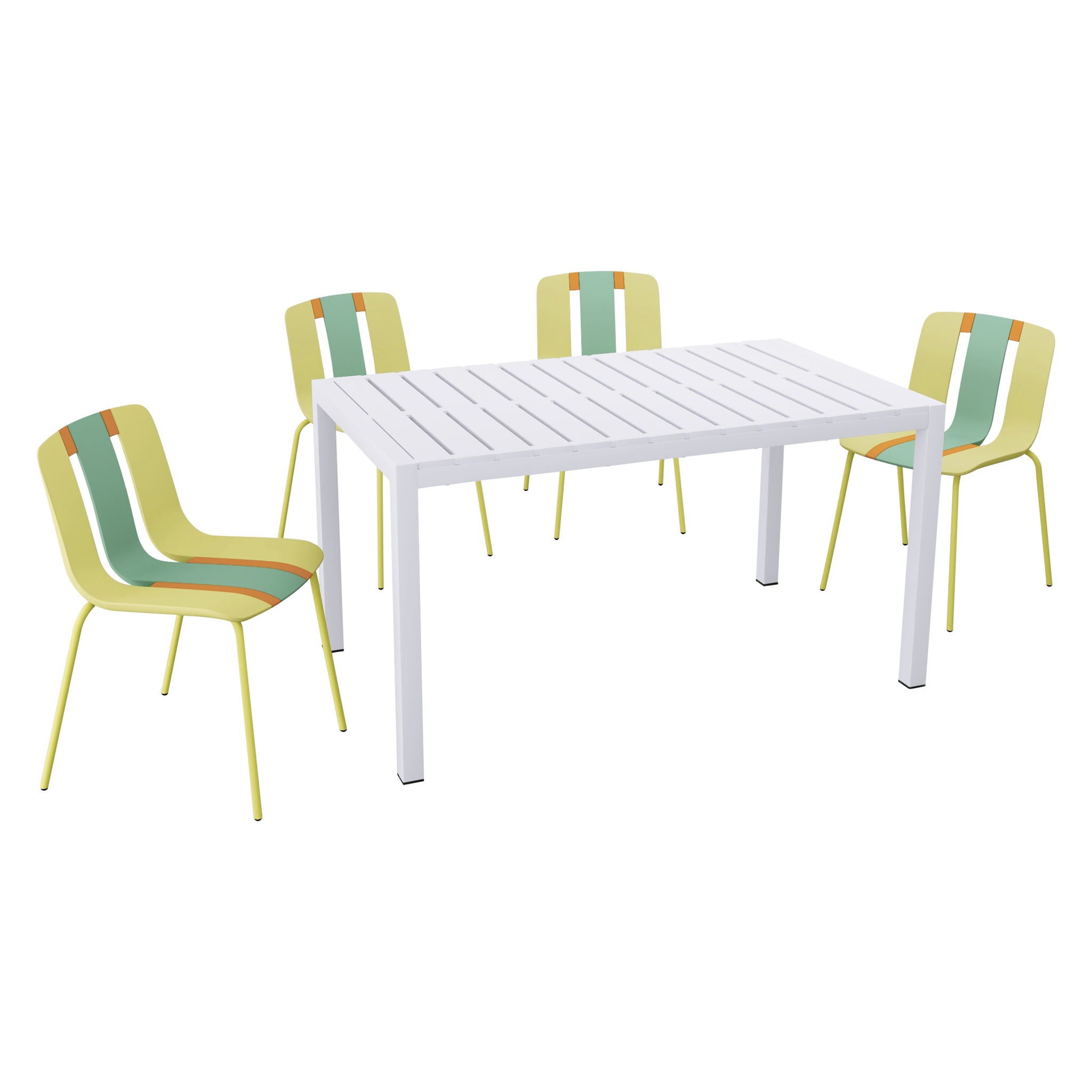 4 Piece Set Of Striped Color Blocking Single Chairs & Long Table - Grain Yellow / Haze Green / Tropical Orange / White