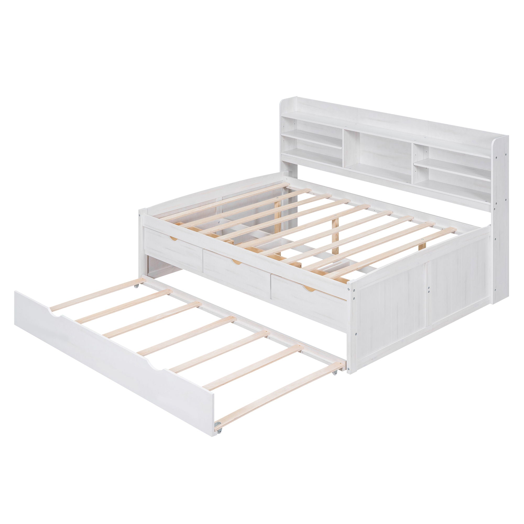 Captain Bed With Built In Bookshelves, 3 Storage Drawers, And Trundle