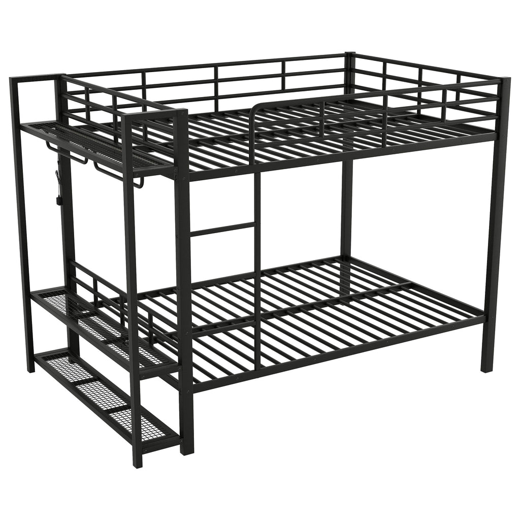 Bunk Bed With Storage Shelves, Clothes Hooks, LED Light