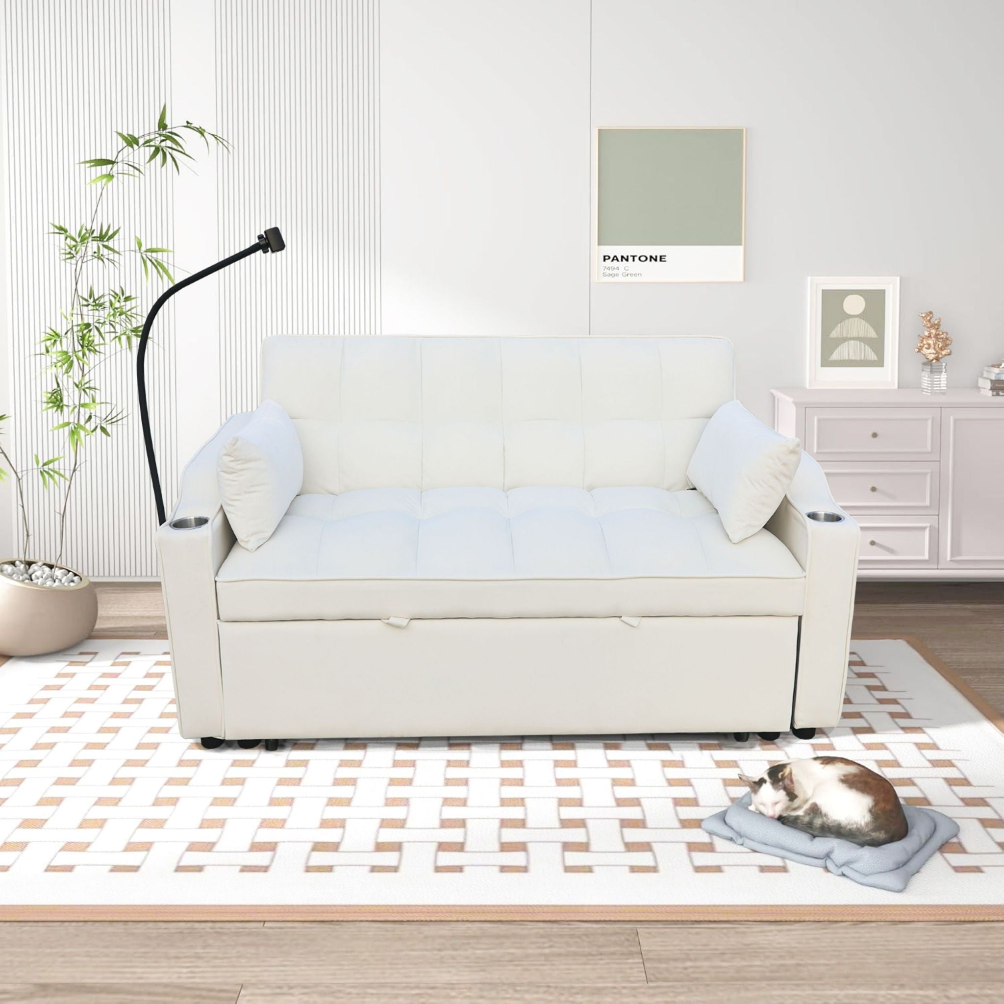 Modern Loveseat With Pullout Bed, Adjustable Reclining Backrest