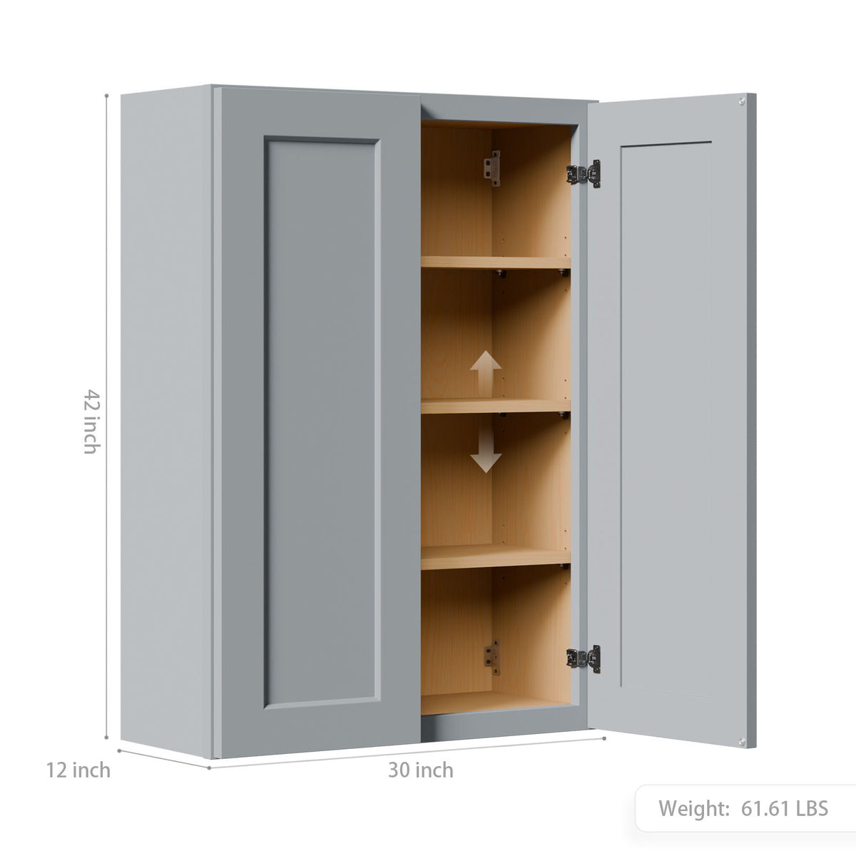 Shaker Wall Cabinet, Soft Close Doors, Adjustable Shelves, Double Door Storage - Gray