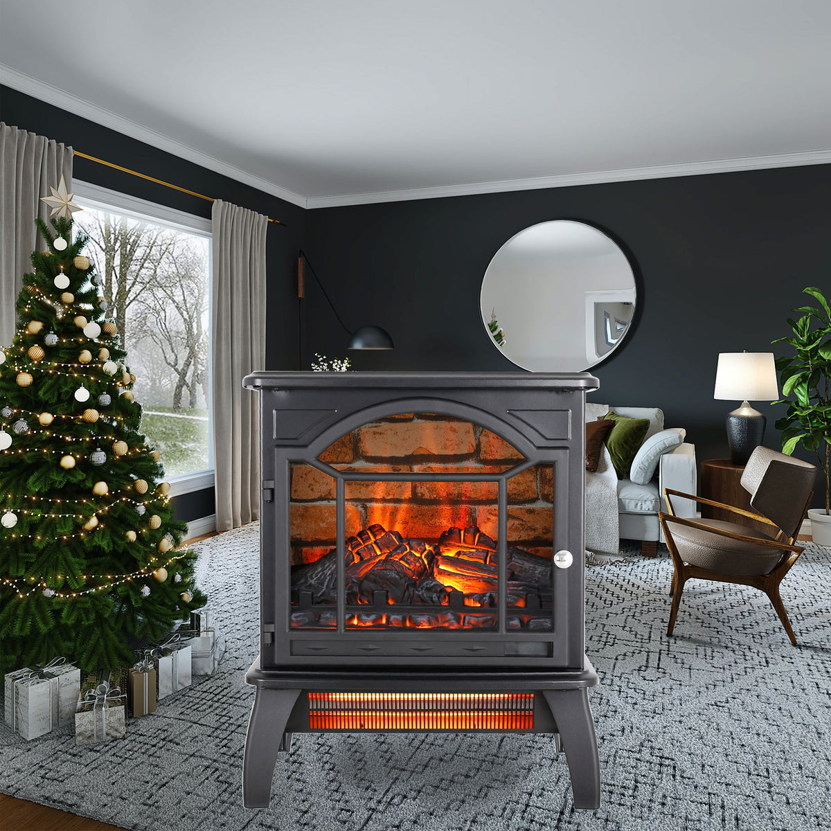 18" 3D Flame Electric Infrared Quartz Fireplace Stove & Remote Control - Antique Black