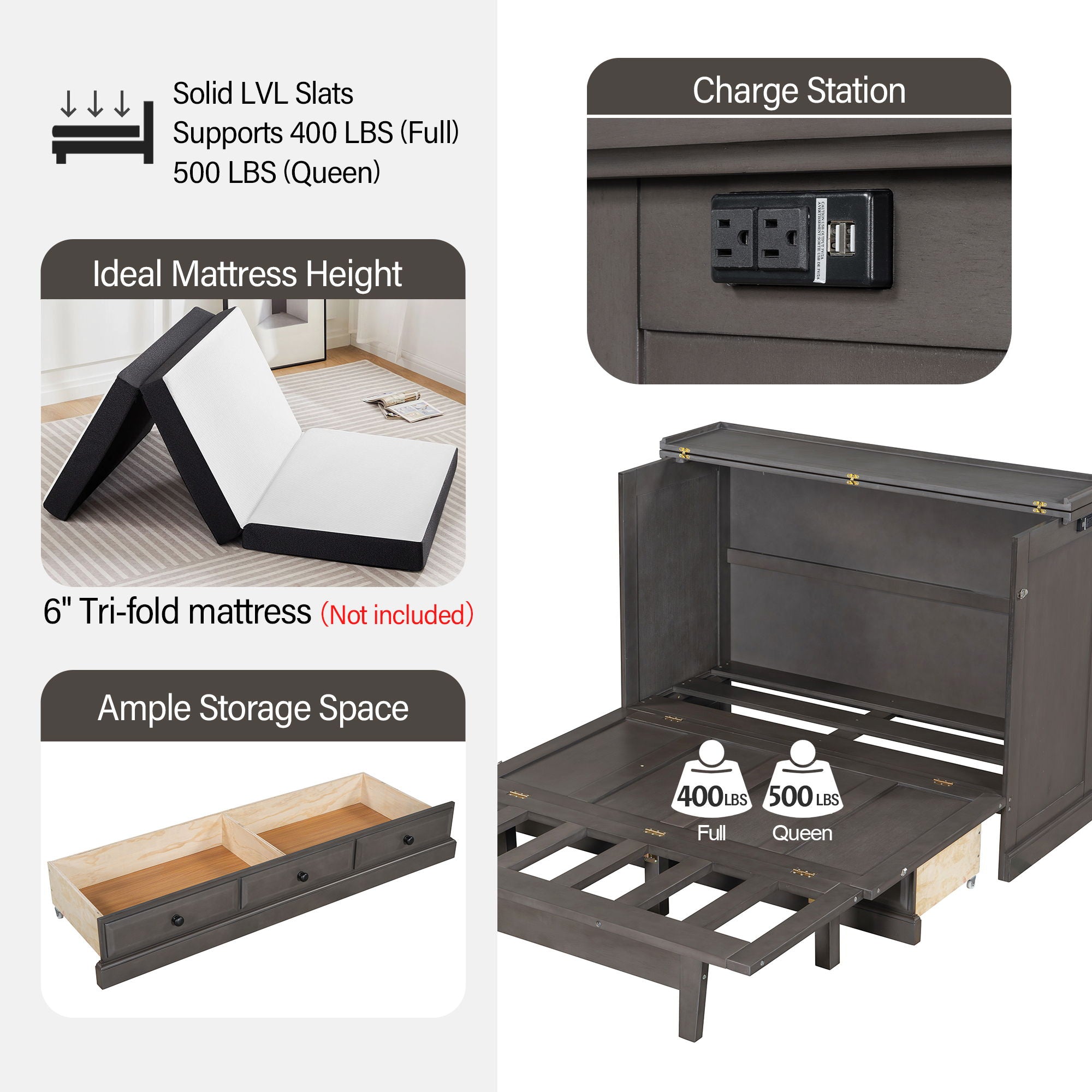 Murphy Bed Chest Cube Cabinet With Charging Station And Large Storage Drawer