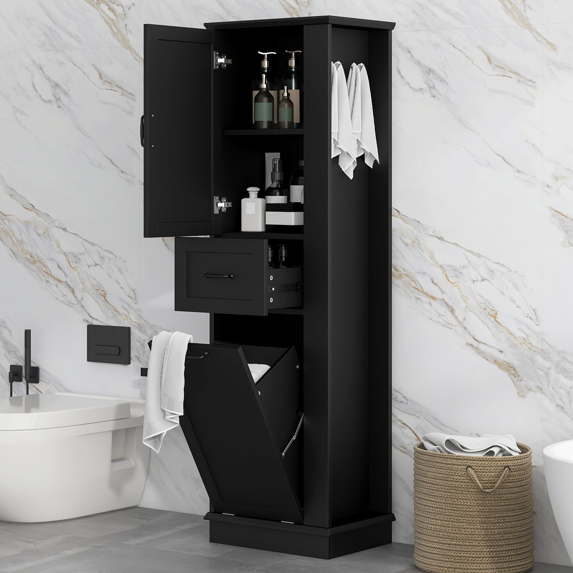 Modern Tall Storage Cabinet With Tilt-Out Compartment, Adjustable Shelves