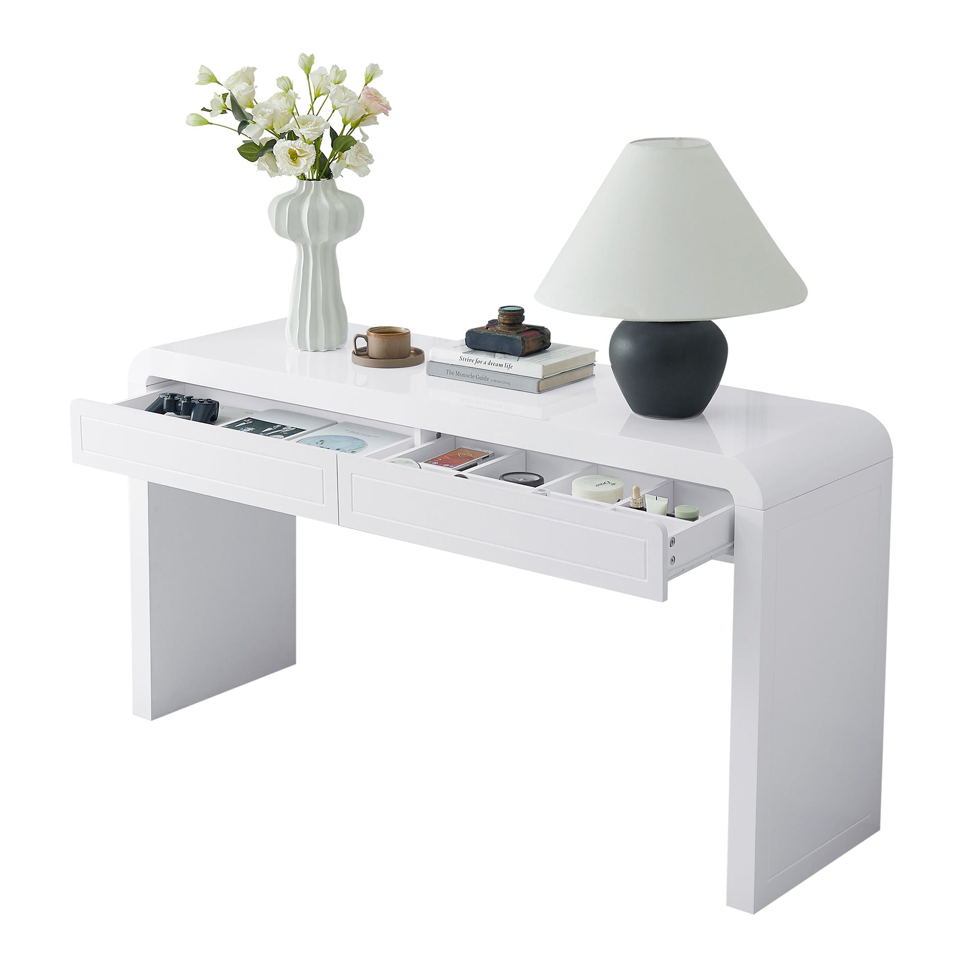 Curved Console Table With Storage, 2 Drawers - White
