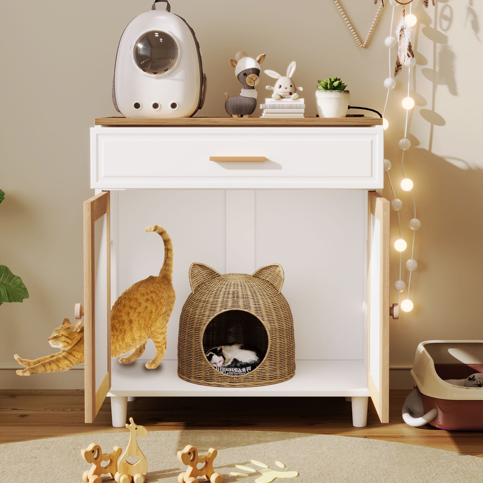 Pet Friendly Furniture Style Cat Litter Box House With Sisal Scratching Door And Charging Socket - Beige / White