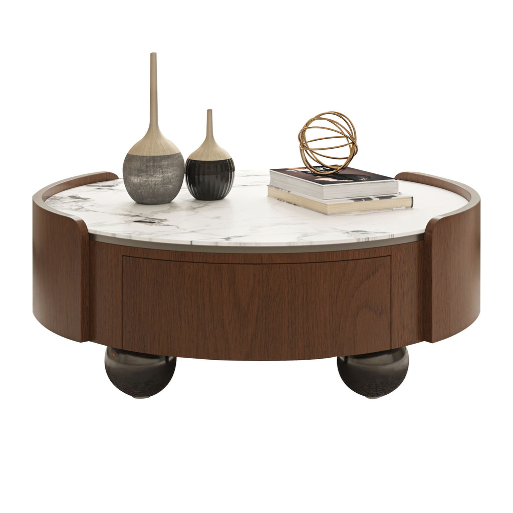 Round Coffee Table With Ball Feet, Dual Storage Drawers For Living Room - Walnut Brown