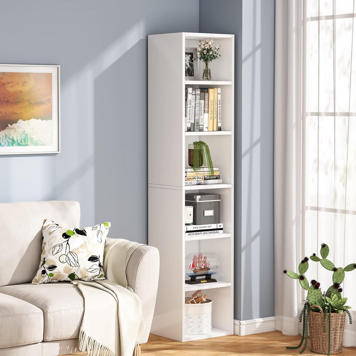 6 Tier Narrow Corner Cube Bookcase Storage, Freestanding Shelf With Open Cubes For Living Room