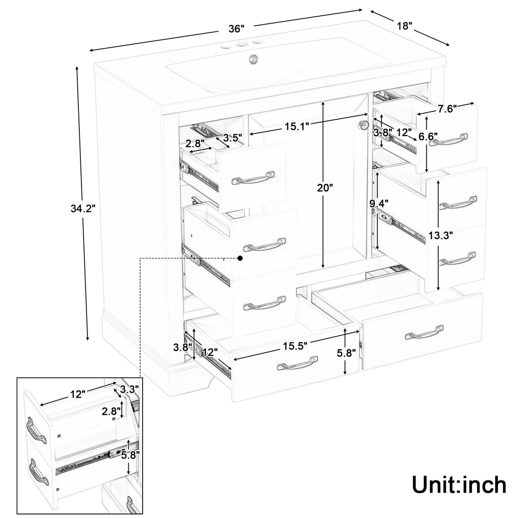 Modern Bathroom Vanity With Sink, 6 Drawers, Adjustable Shelf