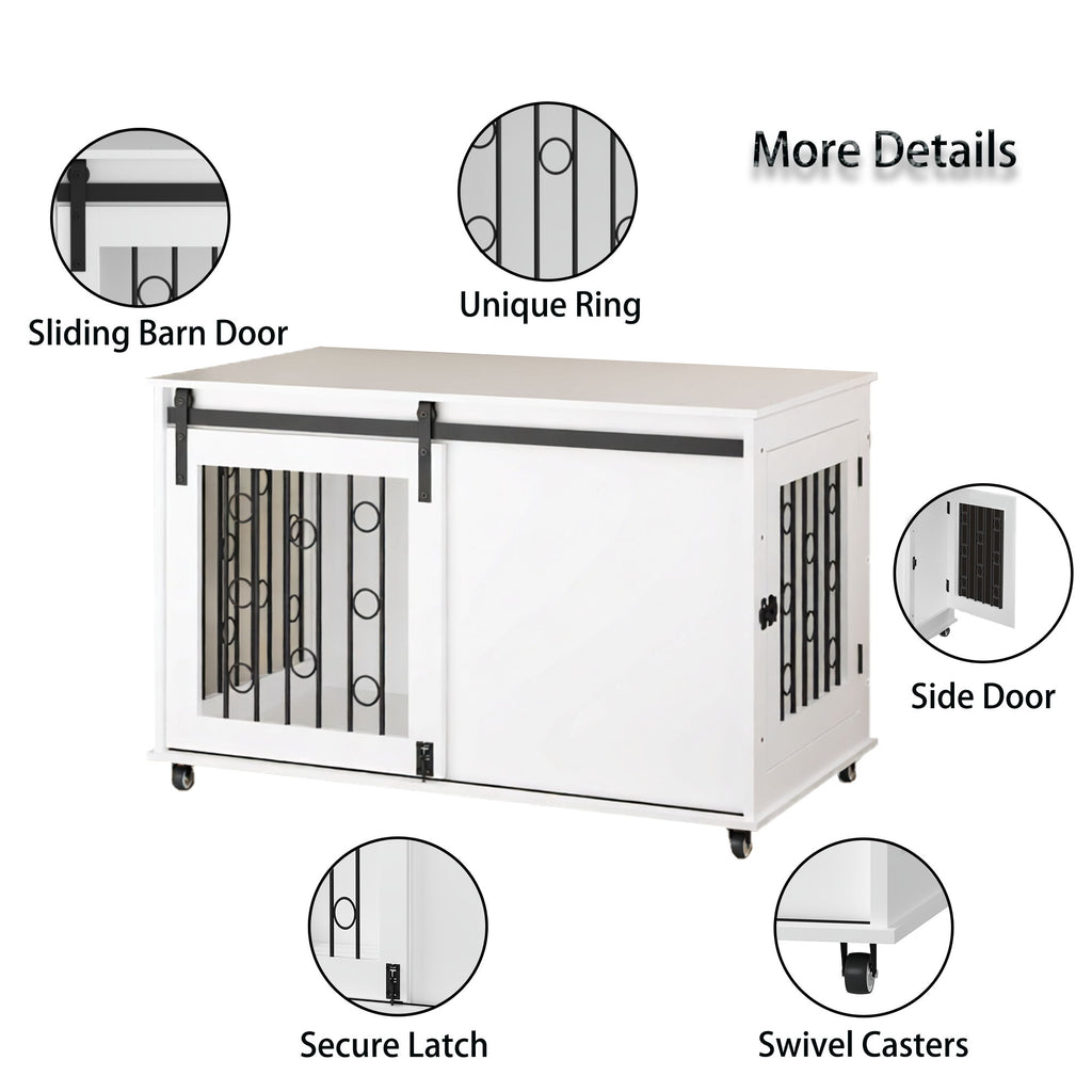 Dog Crate With Sliding Barn Door And Side Access, Lockable Wheels For Small To Medium Dogs - White