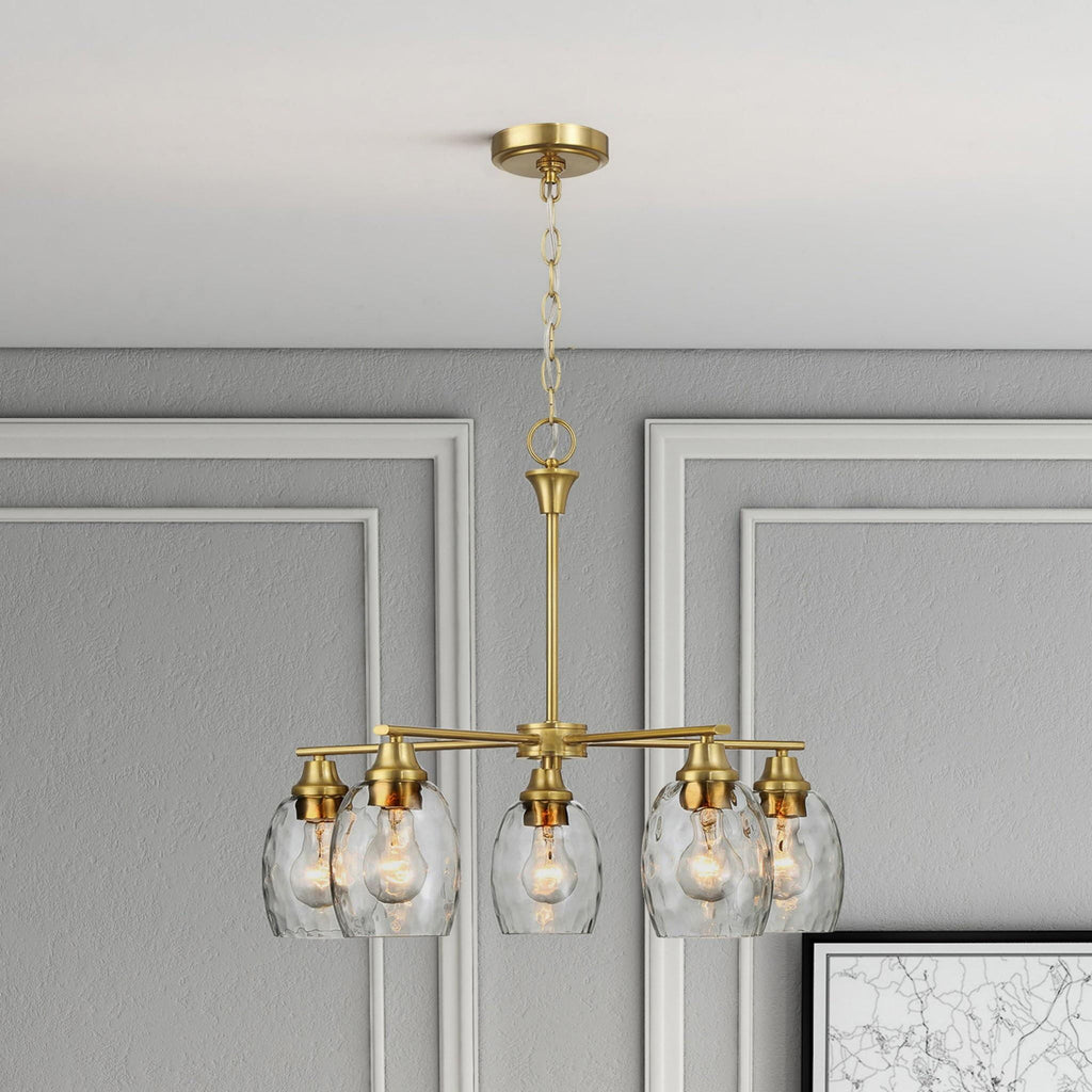 5 Lights Linear Arms With Chain Chandelier - Clear / Gold