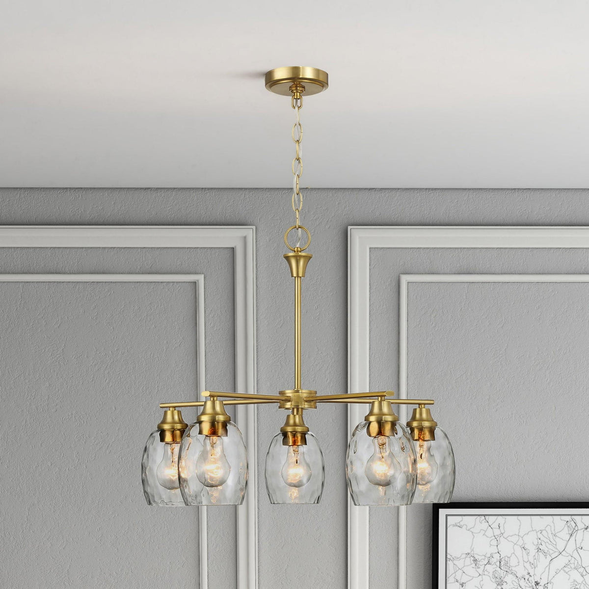 5 Lights Linear Arms With Chain Chandelier - Clear / Gold