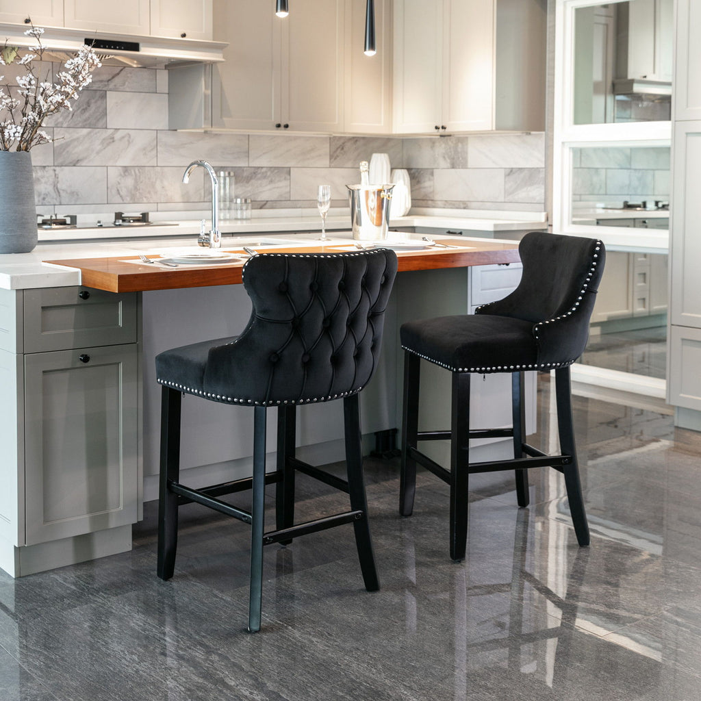 Contemporary Upholstered Wing-Back Barstools With Button Tufted Decoration And Wooden Legs, And Nailhead Trim, Leisure Style Bar Chairs, Bar Stools (Set of 2)