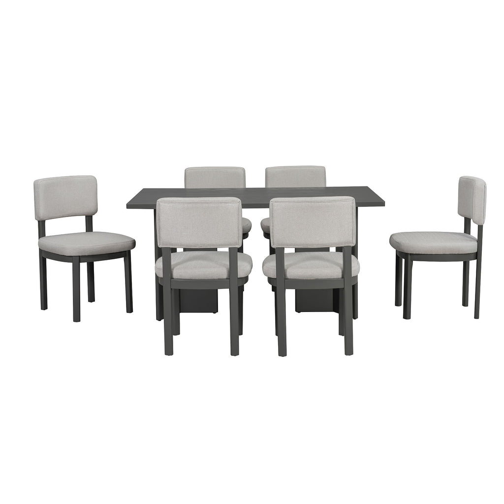 Dining Table Set With 6 Upholstered Chairs, Rectangular Table With Cutout Legs
