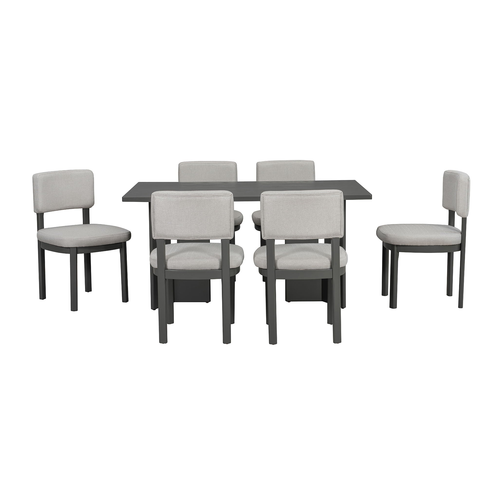 Dining Table Set With 6 Upholstered Chairs, Rectangular Table With Cutout Legs