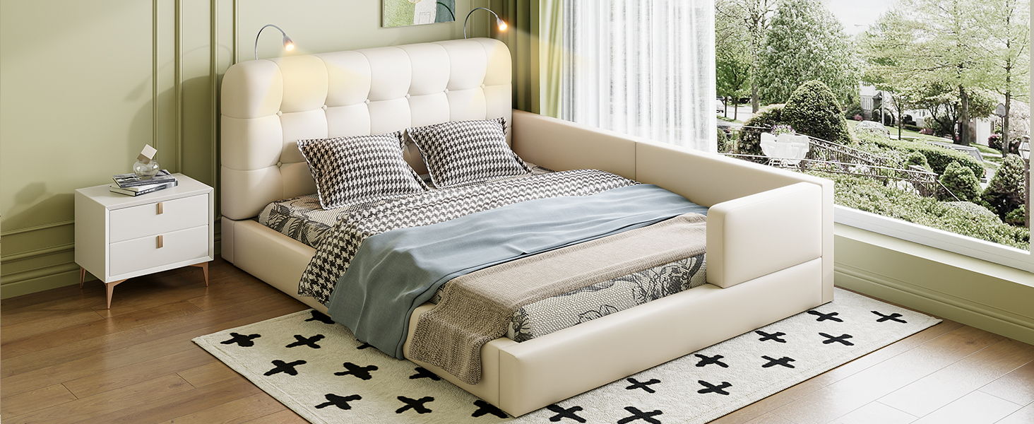 Queen Size Upholstered Platform Bed With 2 Reading Lights - White