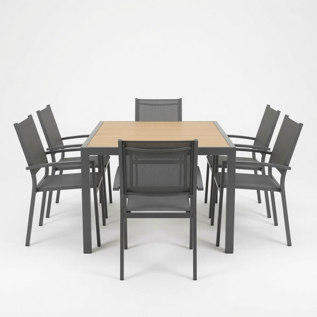 7 Piece Gray Patio Dining Set With Hdps Table And Textilene Chairs For Outdoor Use, Metal Furniture