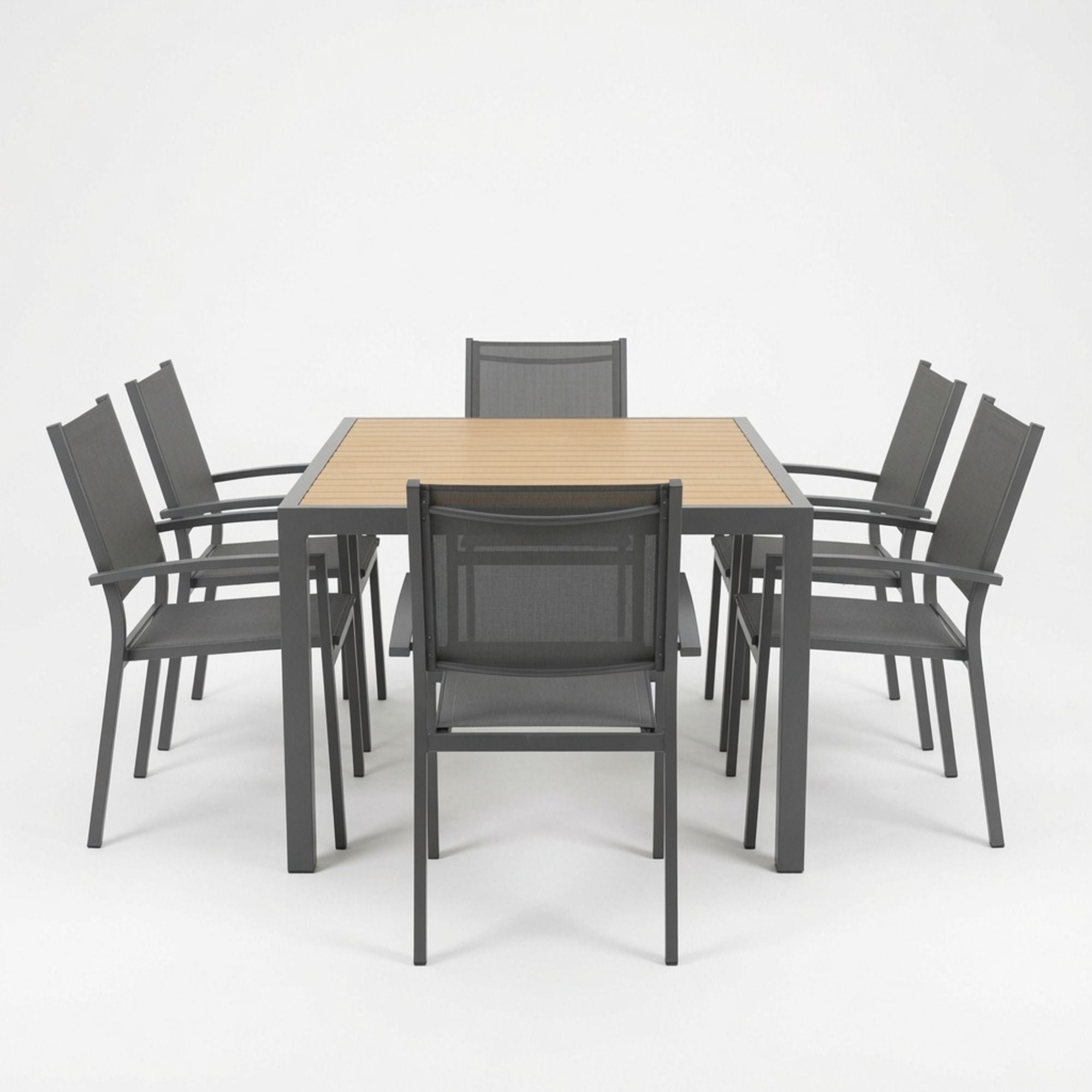 7 Piece Gray Patio Dining Set With Hdps Table And Textilene Chairs For Outdoor Use, Metal Furniture