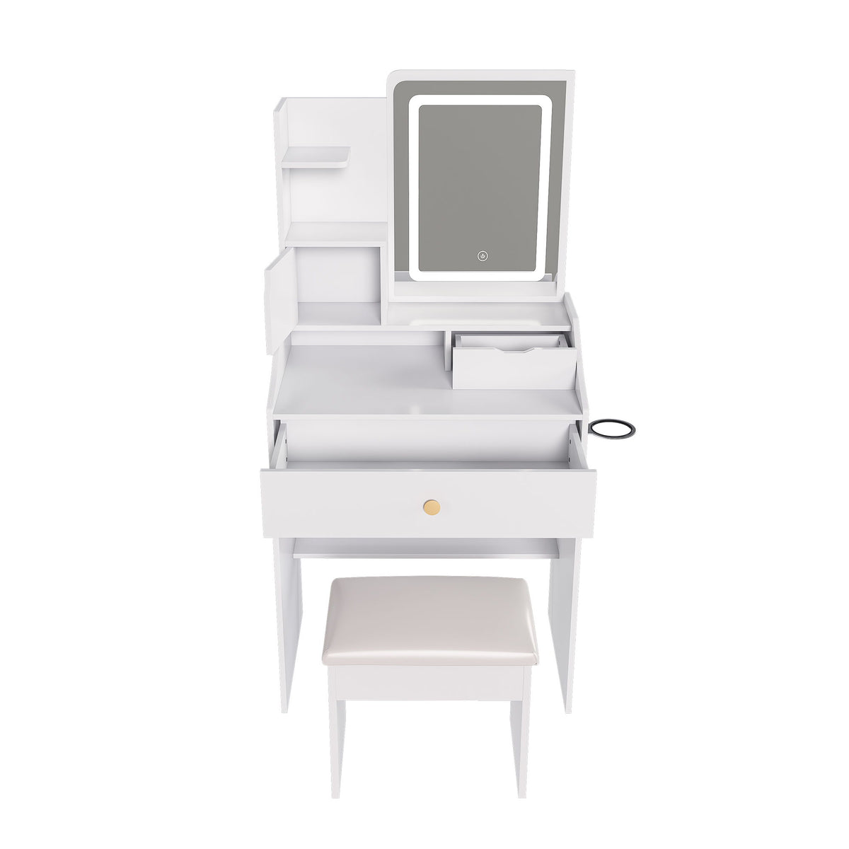 3 Color LED Vanity Mirror With Stool, Dressing Table For Bedroom, 2 Drawers & 5 Storage Cabinets (4 Open + 1 Hidden), Adjustable Lighting - White