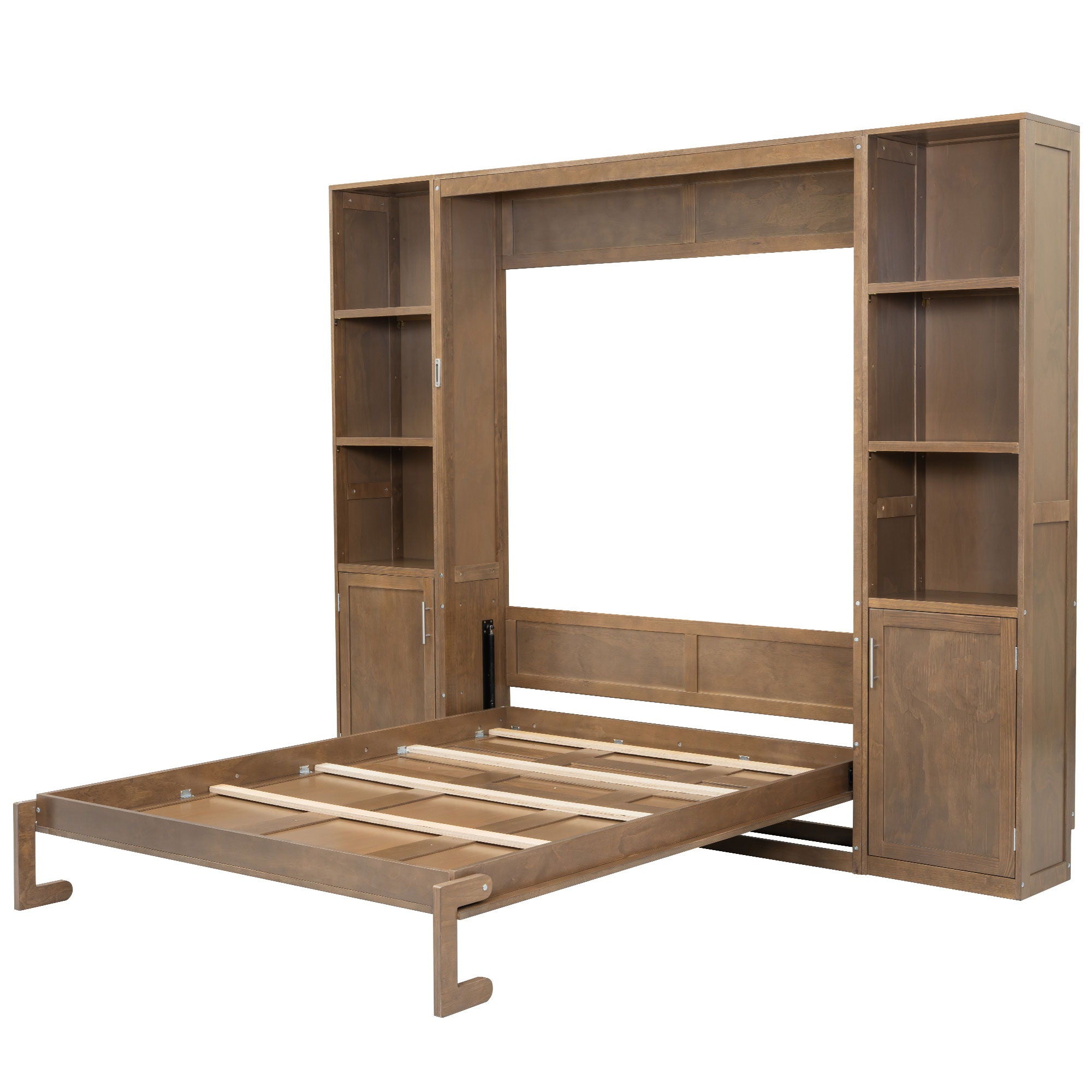 Queen Size Murphy Bed With Storage Shelves And Cabinets - Wood