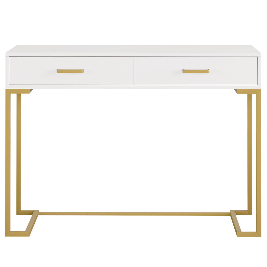 Minimalist Home Office Computer Desk With 2 Drawers, Compact Writing Table For Small Spaces - White / Gold