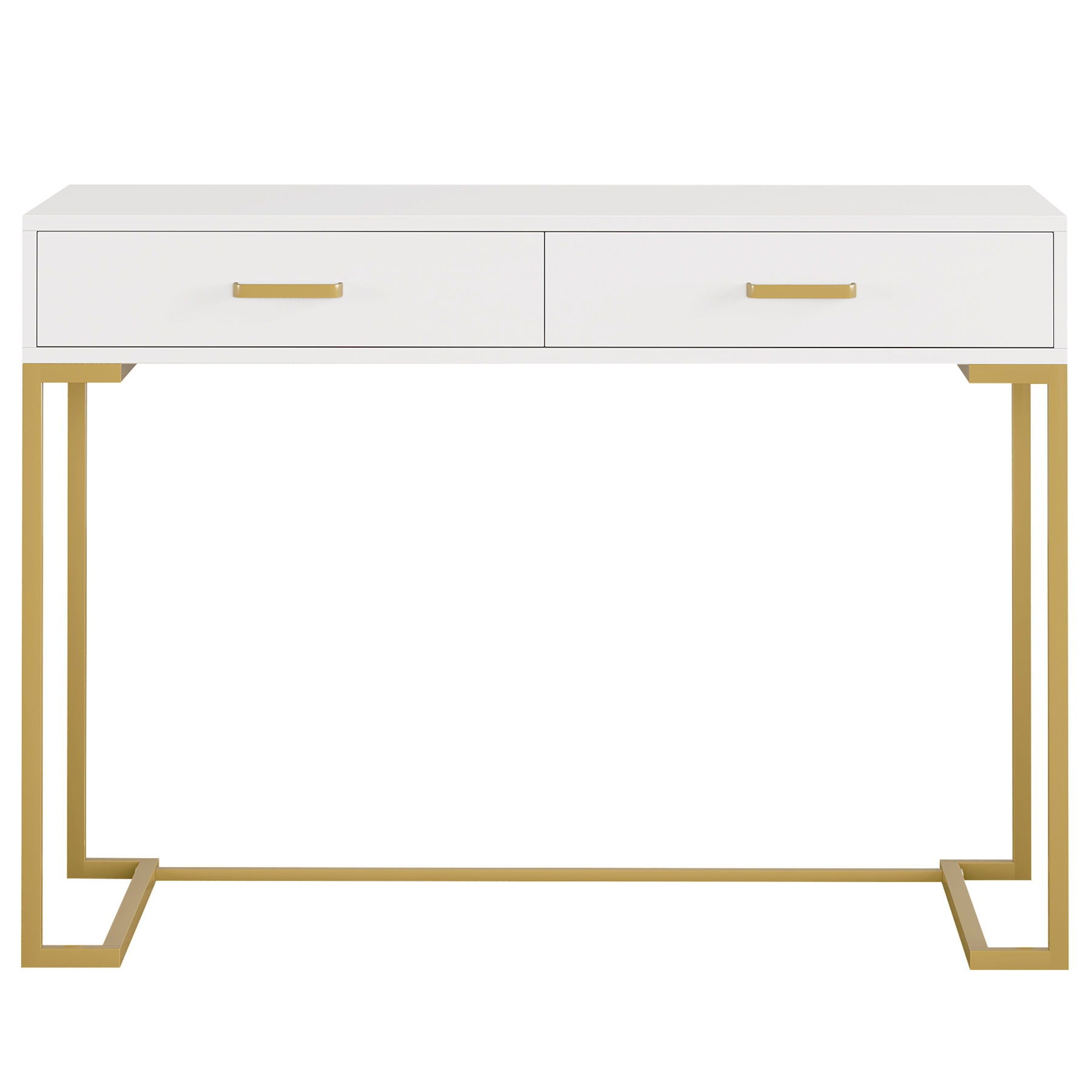 Minimalist Home Office Computer Desk With 2 Drawers, Compact Writing Table For Small Spaces - White / Gold