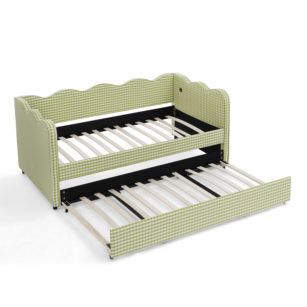 Gingham Daybed With USB Charging Port, Wave-Shaped Design
