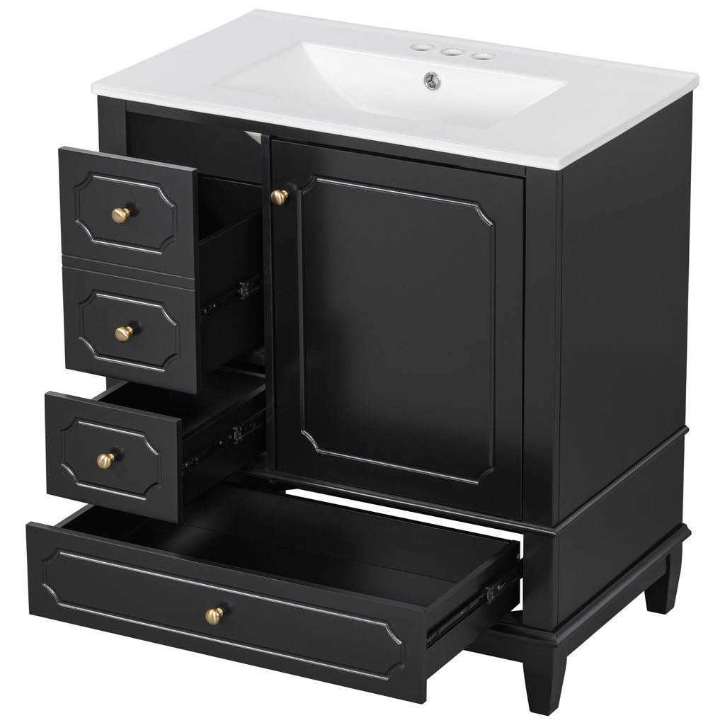 Bathroom Vanity With Sink, Freestanding Vanity Cabinet With Ceramic Basin, Soft Close Door, 3 Drawers