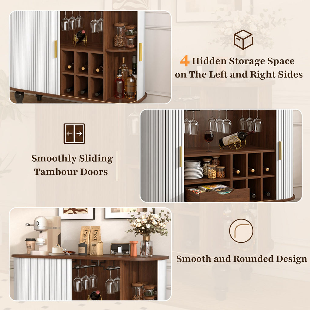 Fluted Liquor & Coffee Bar Cabinet With 6 Wine Racks And 3 Glass Holders