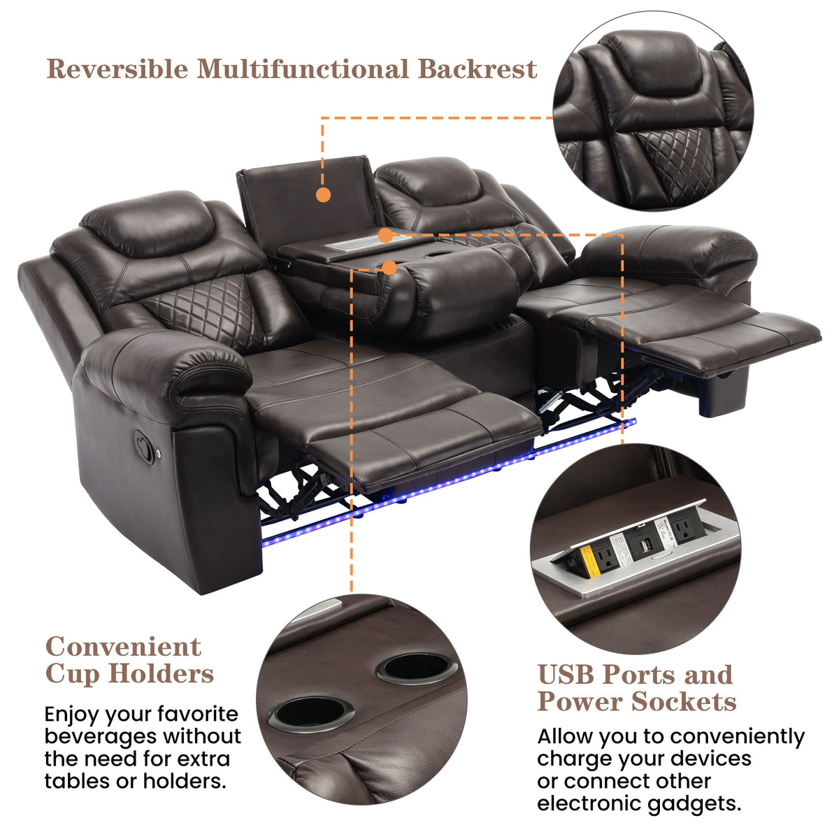 3 Pieces Recliner Sofa Sets Home Theater Seating Manual Recliner Chair & Center Console And LED Light Strip For Living Room - Brown